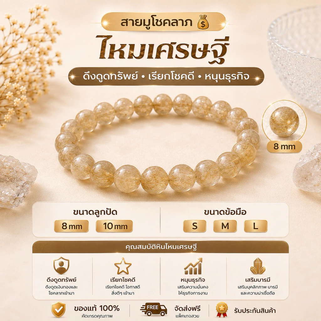 💛 ไหมเศรษฐี เสริมโชคลาภ เงินทอง ✨ หินมงคล หินนำโชค 8 mm 10 mm S M L พร้อมส่ง