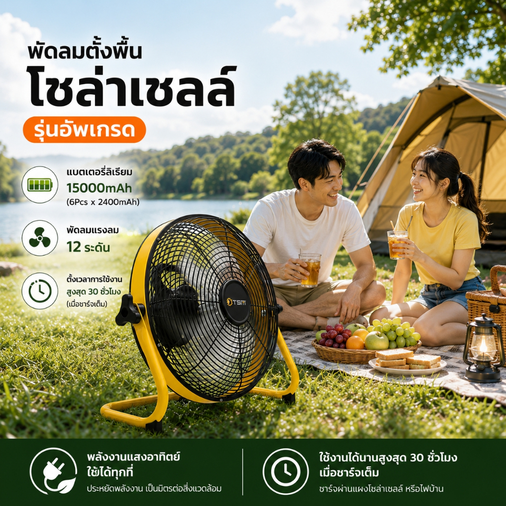 พัดลมโซล่าเซลล์ 14 นิ้ว TSM-S25 FY รุ่นอัปเกรด แบต 15000mAh ชาร์จไฟบ้านและโซล่าเซลล์ ปรับลม 12 ระดับ