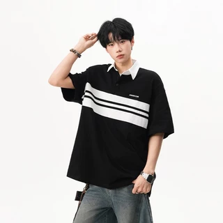 เสื้อโปโลผ้าฝ้ายแท้ ลายทางแถบตัดสีคอนทราสต์ ทรงหลวมสไตล์คาสชูอัล ผ้านุ่มอ่อนโยนต่อผิว ระบายอากาศดี