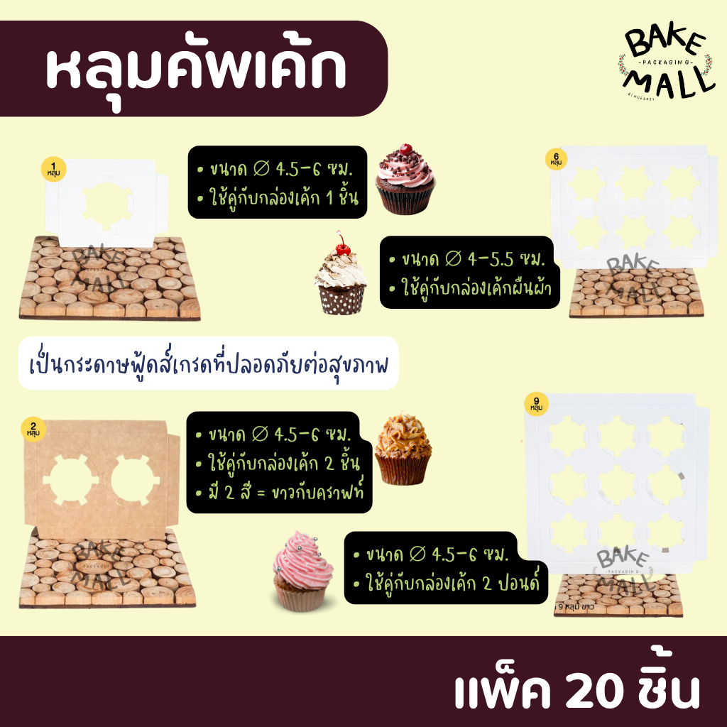 หลุมคัพเค้ก แพ็ค 20 ใบ สีขาว สีคราฟท์ สำหรับใส่เบเกอรี่ คัพเค้ก ใส่กล่องเค้ก 1 ชิ้น 2 ชิ้น กล่องเค้กผืนผ้า กล่องเค้ก2p.