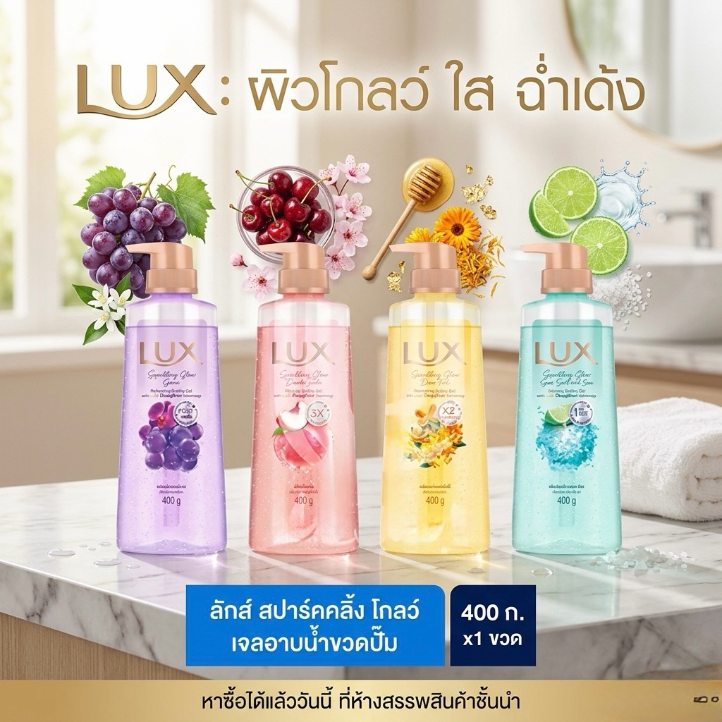 [พร้อมส่ง] LUX ลักส์ สปาร์คกลิ้ง โกลว์ เจลอาบน้ำขวดปั๊ม ขนาด 400 กรัม (เลือกสูตรได้) ผิวโกลว์ใส ฉ่ำเด้ง⁠