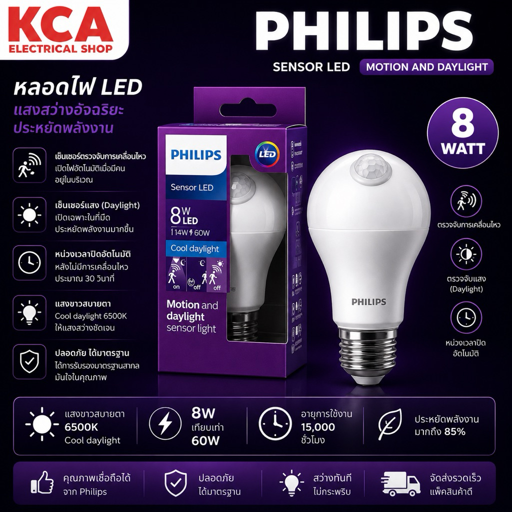 PHILIPS หลอดไฟ LED MOTION SENSOR 8W PHILIPS รุ่น A60 E27 ((กล่องยับ))