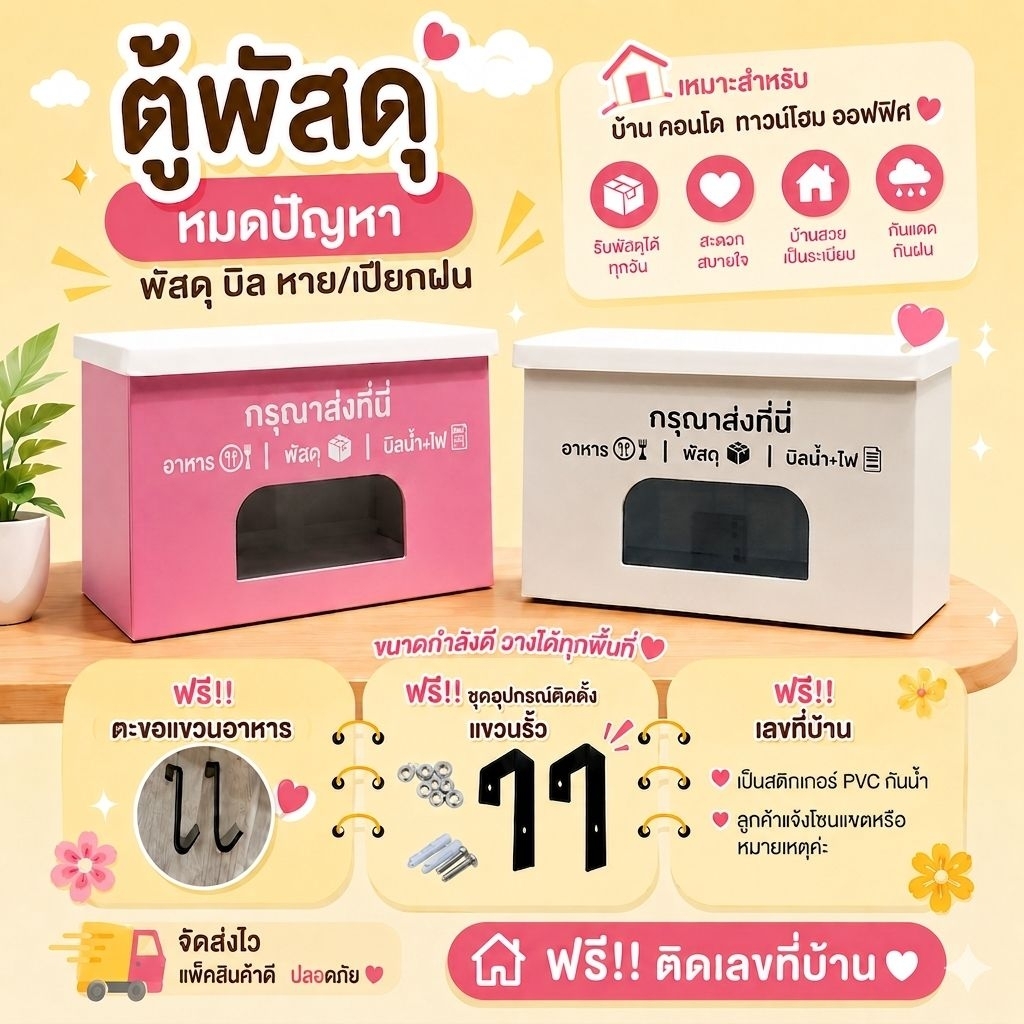 [ฟรี !! ติดเลขที่บ้าน+ฟรีตะขอแขวน+อุปกรณ์ติดตั้ง] |ตู้ใส่พัสดุ อาหาร แขวนรั้ว  | กล่องจดหมาย กันฝน สไตล์มินิมอลสวยหรู