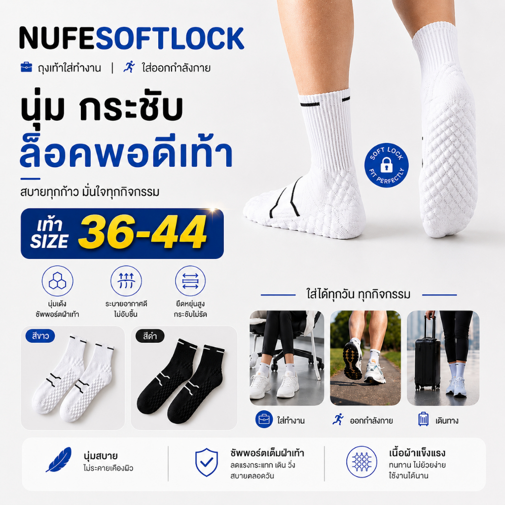 NUFESOFTLOCK ถุงเท้าล็อคเท้า ไม่ย้วน ระบายอากาศดี พื้นหนานุ่ม ถุงเท้า2in1ใส่ทำงานออกกำลังกาย เบอร์36-44