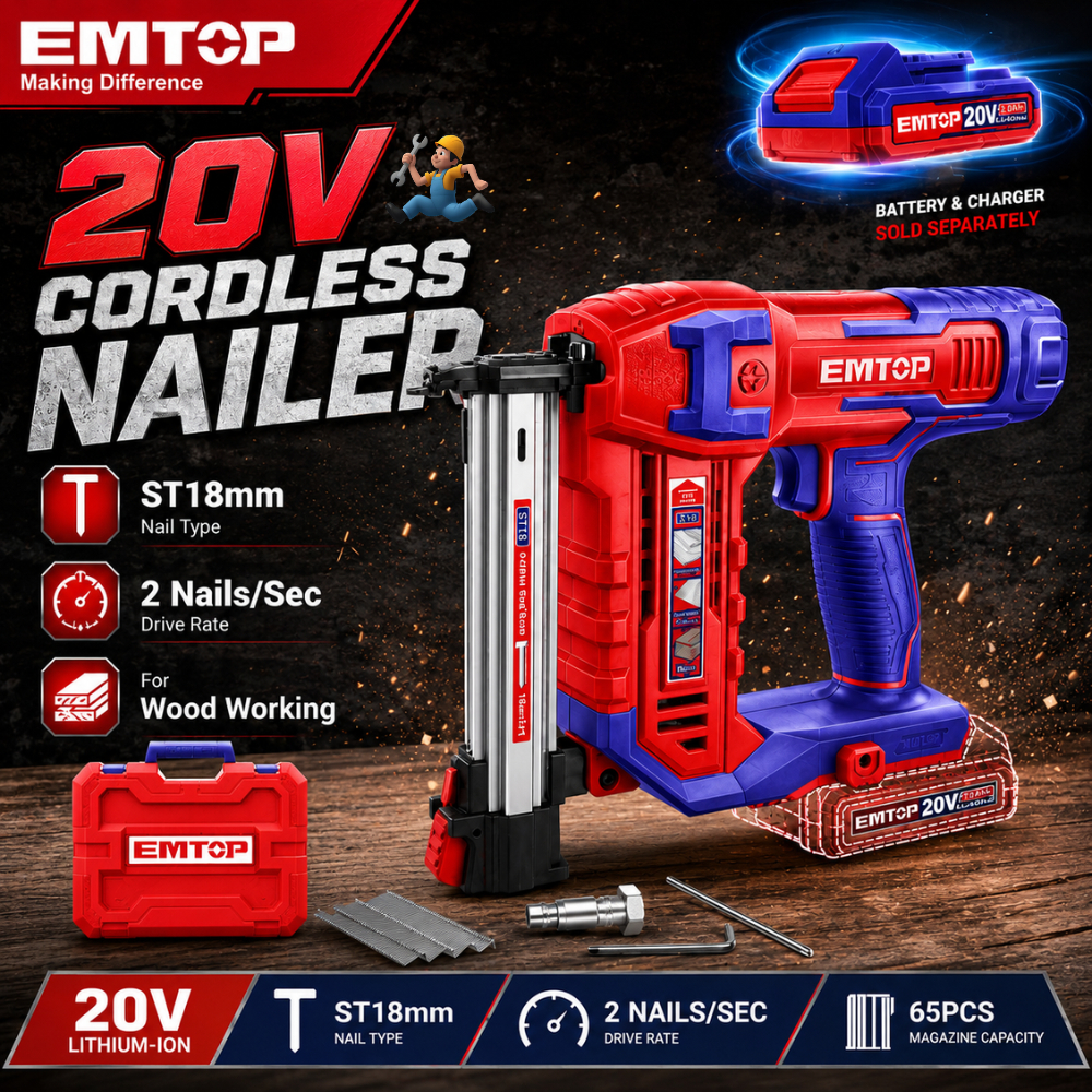EMTOP เครื่องยิงตะปูไร้สายแปรงถ่านขาเดี่ยว 20V รุ่น ELSTLI3805 (ตัวเปล่าไม่แถมแบตเตอรี่และที่ชาร์จ) ตะปูขาเดี่ยว