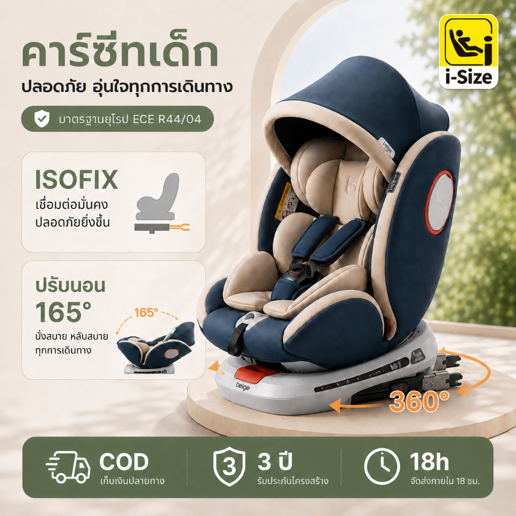 Beige คาร์ซีทเด็ก ISOFIX หมุนได้ 360° เด็กแรกเกิด-12 ปี สาย LATCH เข็มขัดนิรภัย 5 จุด ปรับเอนนอนได้