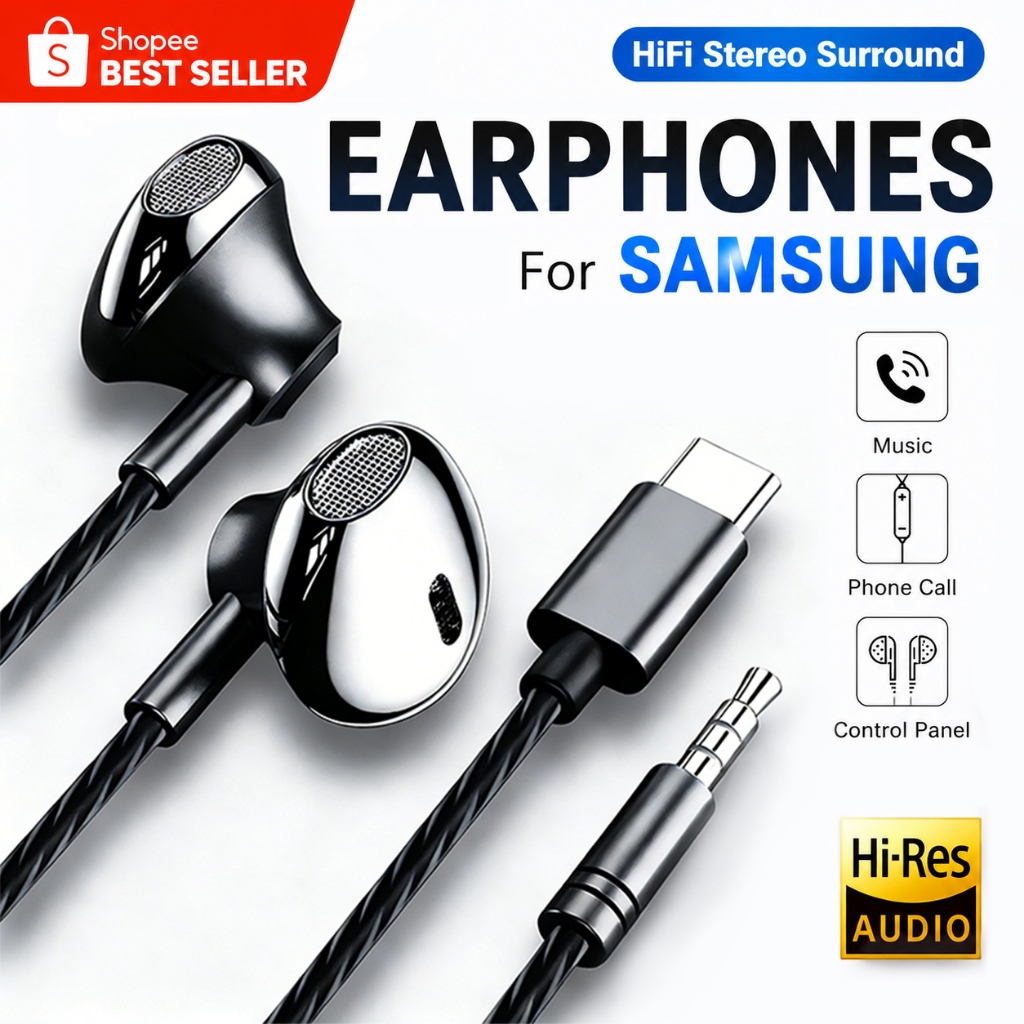 9D สำหรับ type-C ทั้งหมด USB wired earphones หูฟังไฮไฟเบสสเตอริโอควบคุมระดับเสียงไมค์3.5มิลลิเมตรส Samsung galaxy S24 23