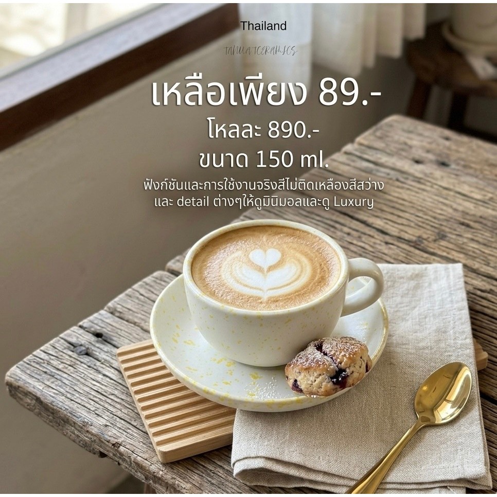 งานไทย ชุดแก้วกาแฟ พร้อมจานรอง ใส่ได้ 150 ml เข้าไมโครเวฟ เครื่องล้างจานได้