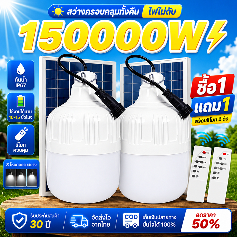 Kugoo โคมไฟโซล่าเซลล์ 150000W ซื้อ 1 แถม1 พร้อมรีโมท สว่างตลอดคืน กันน้ำ IP67 ชาร์จพลังงานแสงอาทิตย์