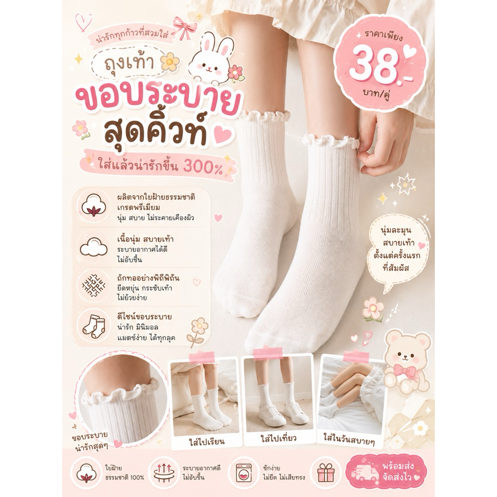 🚚(ส่งด่วน กทม.) ถุงเท้าเด็ก ผ้านิ่ม เกรดพรีเมี่ยม(ขอบระบาย) สไตล์มินิมอล  แพ็คสุดคุ้ม!! 1 คู่ QH563 พร้อมส่ง🇹🇭