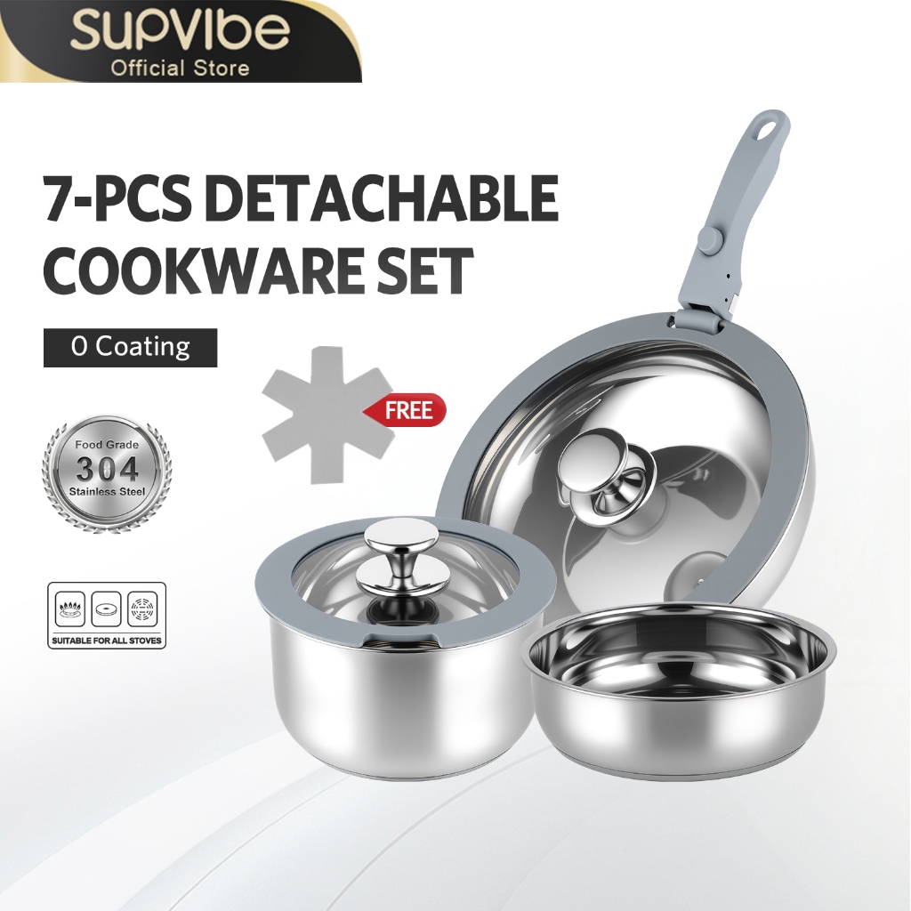 SUPVIBE ชุดเครื่องครัว 3 ชิ้น สแตนเลส 304 ใช้ได้กับเตาทุกประเภท หม้อด้ามที่ถอดได้
