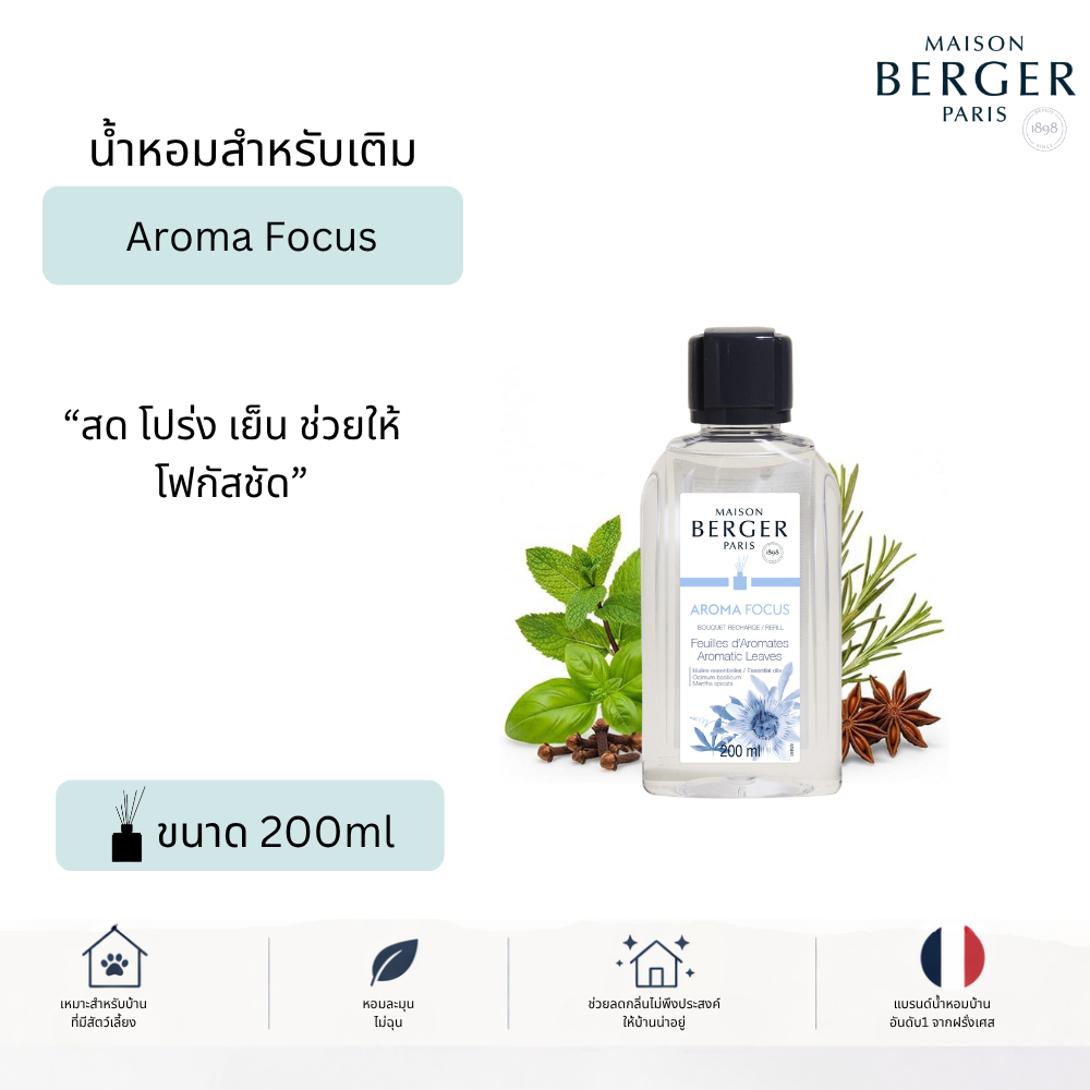 Maison Berger Aroma Focus Refill 200ml น้ำหอมเติมก้านหอม เพิ่มสมาธิ กลิ่นสมุนไพร กลิ่น Peppermint Basil Pet Friendly