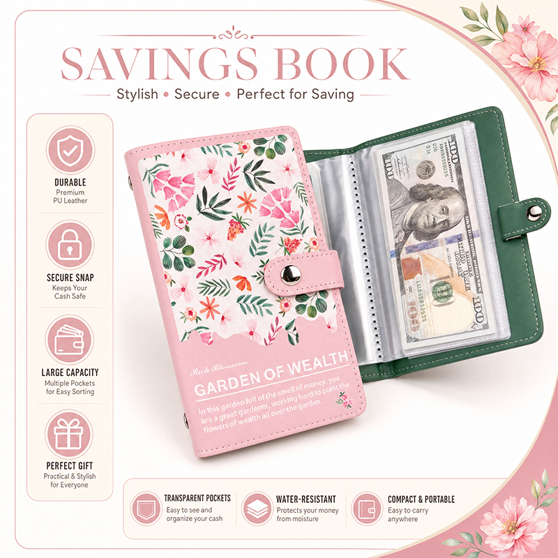 【Bubble Store】สมุดออมเงินลายดอกไม้ 50 ช่อง หนัง PU กระดุมล็อก ซองใส่ธนบัตร พกพาง่าย พร้อมส่ง ส่งไว