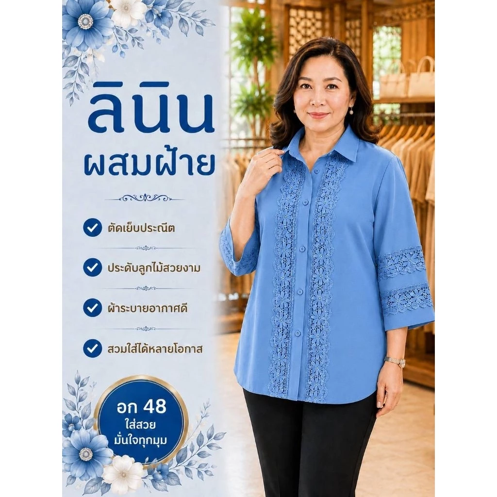 เสื้อลินินผสมผ้าฝ้ายใส่สบายคอปกเชิ๊ตแต่งลูกไม้แขนและช่วกระดุมหน้าสวยหรูดูดีใส่สบายผ้าไม่ร้อนอก44-48ยาว26แขนสามส่วน