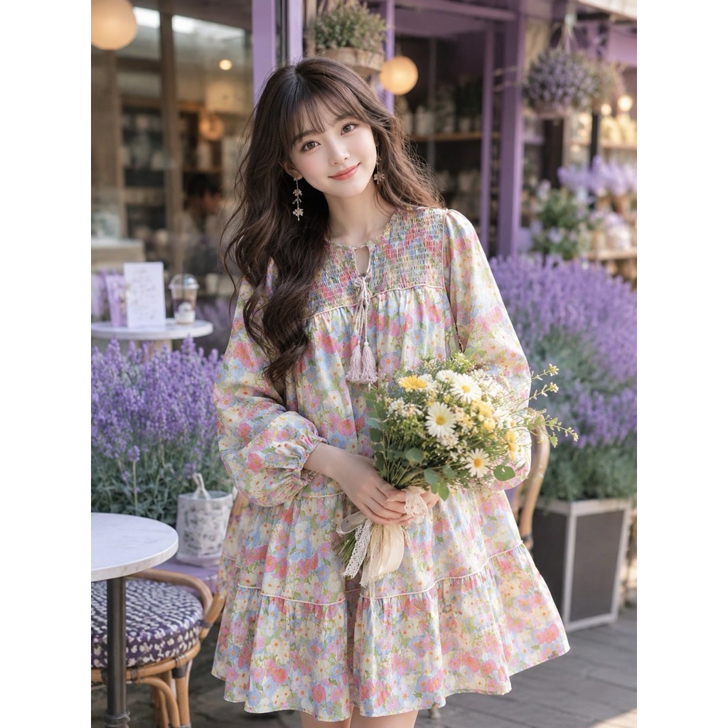 🌈🌿🌼🌸🌺🩷🧡🖤💚🇰🇷 Floral Bow Rope Long Sleeve Dress