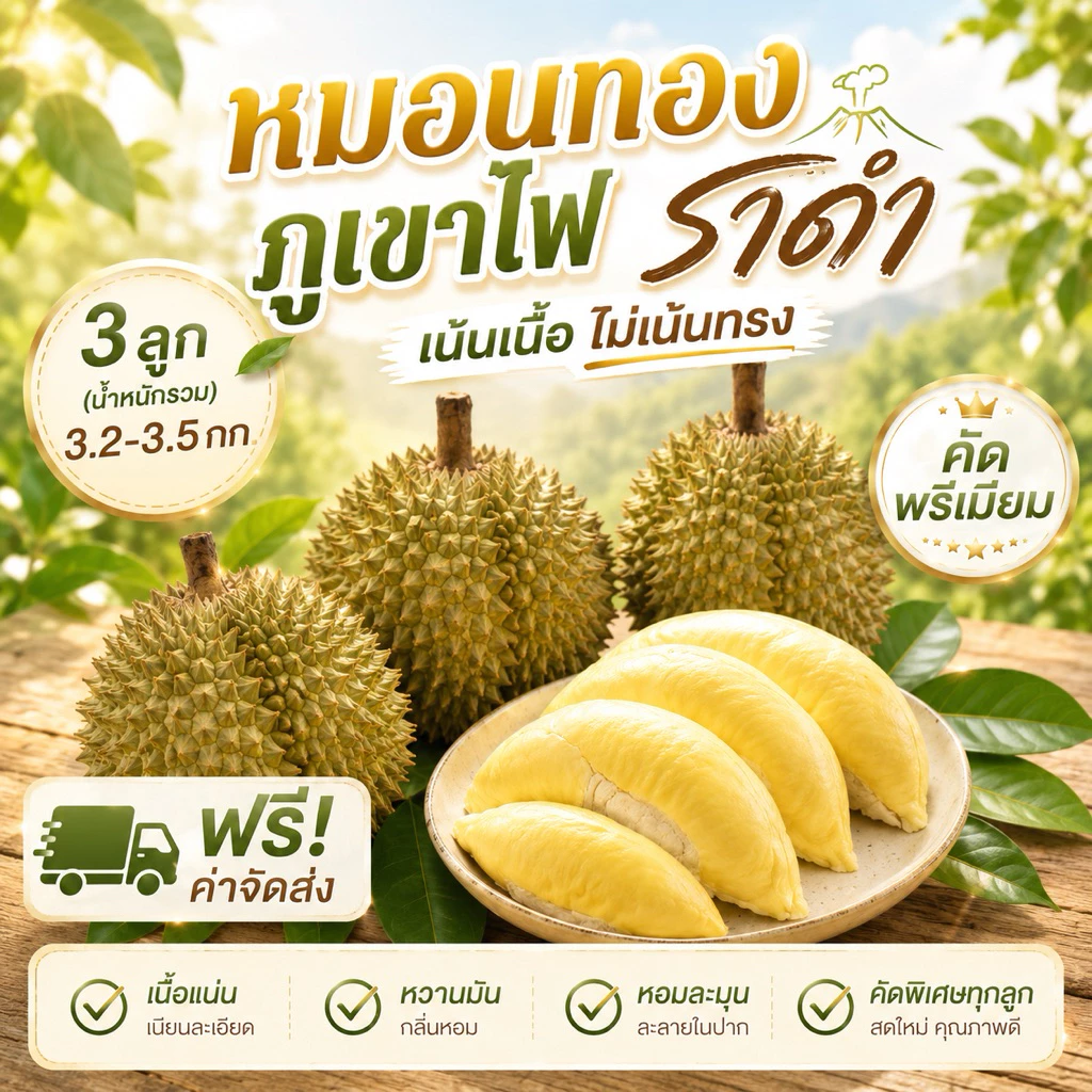 ทุเรียนภูเขาไฟศรีสะเกษ ขนาด 8 ขีด - 1.8 กิโลกรัม หวานหอมเนื้อนุ่มคัดพรีเมียมAAA
