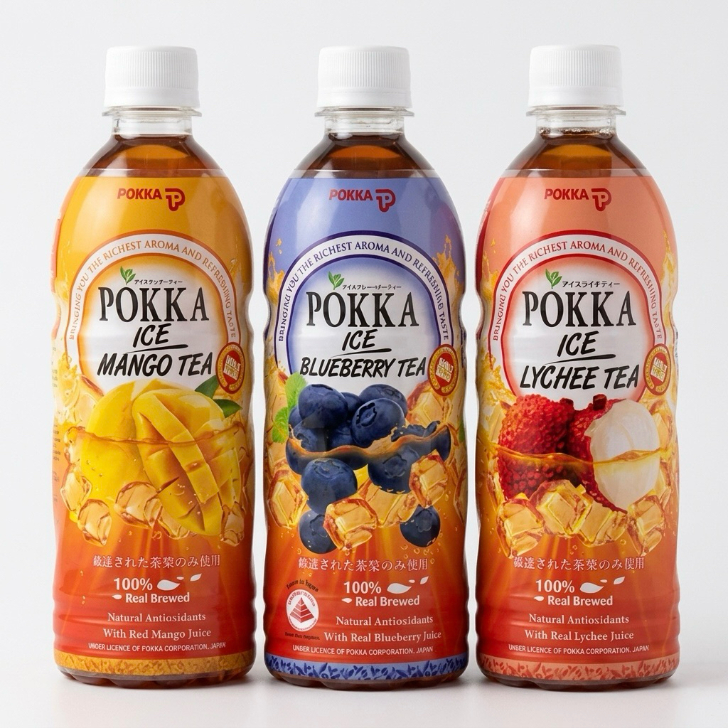 [3 ขวด]  POKKA ICED LYCHEE TEA ,POKKA ICED BLUEBERRY TEA,Mango Tea  500ml.พอคคา ชาลิ้นจี่ ชาบลูเบอร์