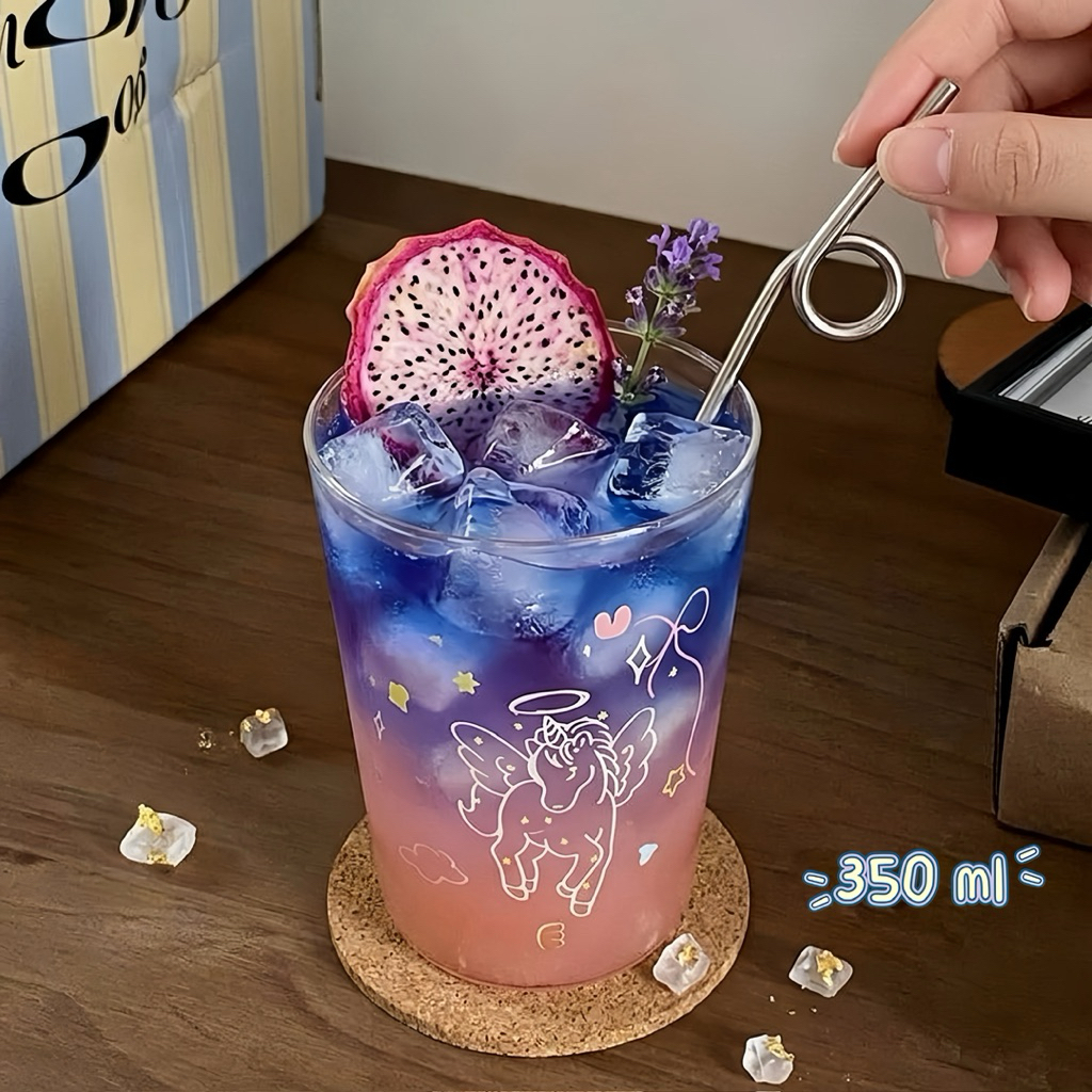 แก้วน้ำ 350 มล วัสดุแก้ว ลายม้ายูนิคอร์น แก้วน้ำผลไม้ พร้อมส่ง