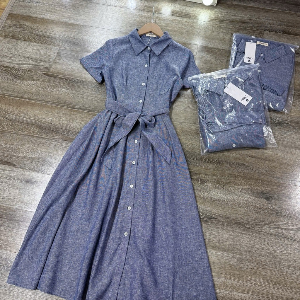 ONLY ME  Maxi Dress เดรสสียีนส์ ผ้าคอตตอน+ลินิน  สะโพกปล่อย ผ้านิ่ม