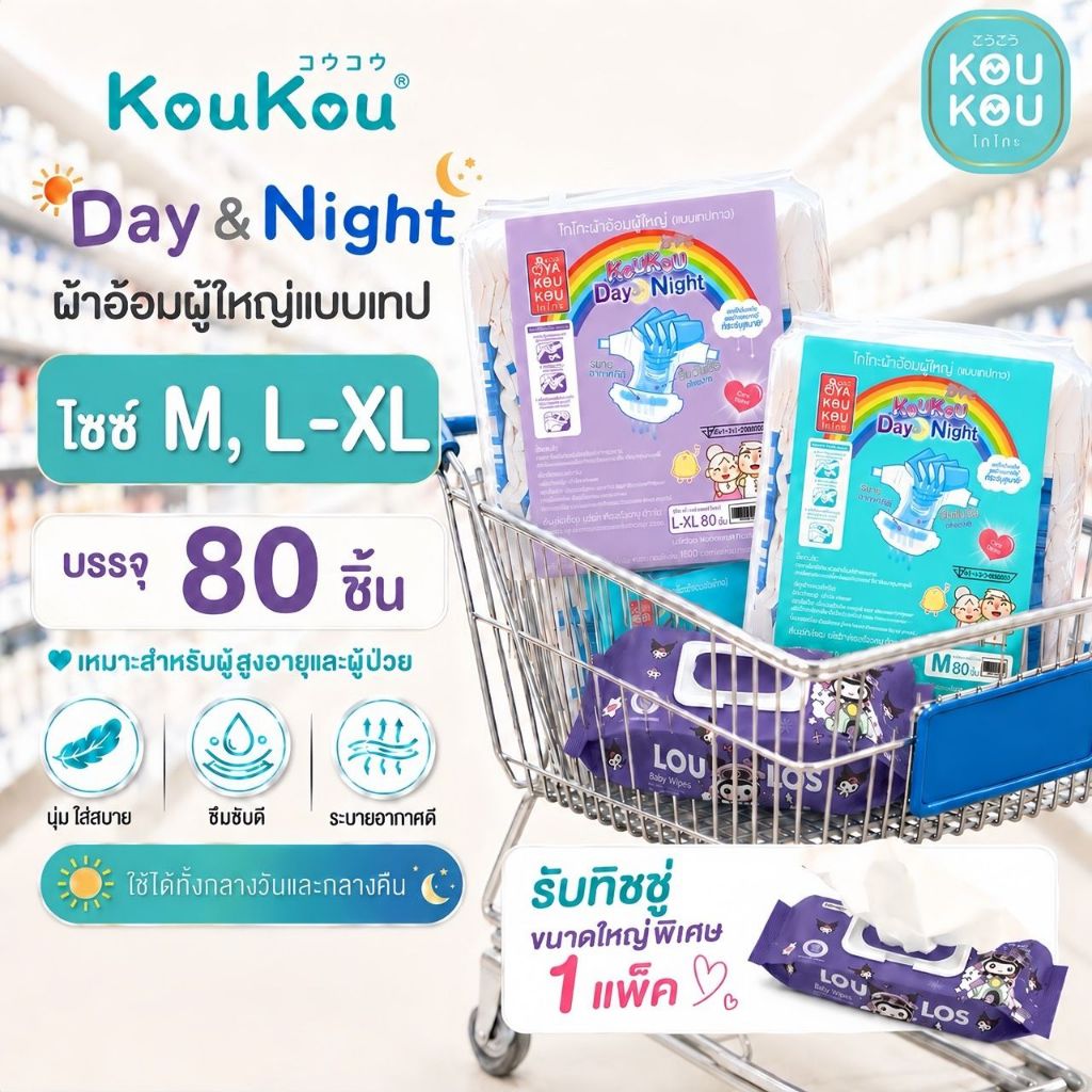 Koukou(โกโกะ) ผ้าอ้อมผู้ใหญ่ แบบเทป ไซส์ M-XL ยกลัง(80 ชิ้น) ซึมซับมาก แห้งสบาย ไม่แพ้