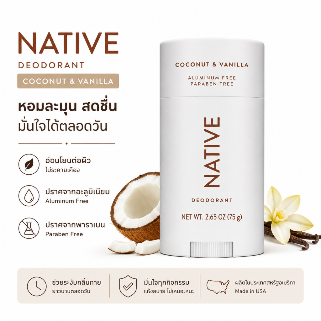 Native Deodorant Stick 75g ระงับกลิ่นกาย กลิ่น Coconut Vanilla แห้งสบาย ไม่เหนียวเหนอะหนะ