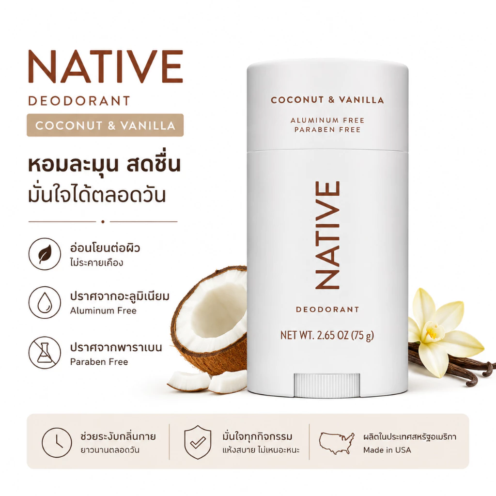 Native Deodorant Stick 75g ระงับกลิ่นกาย กลิ่น Coconut Vanilla แห้งสบาย ไม่เหนียวเหนอะหนะ