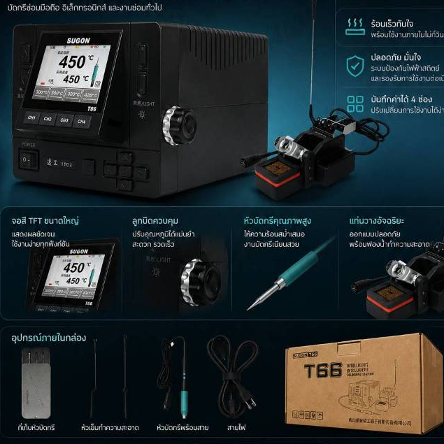 SUGON T66 หัวแร้ง 2 ช่อง แถมฐานและหัว TJ6 245 สินค้าพร้อมส่งที่ไทย