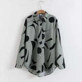 เสื้อเชิ้ตแขนยาวคอปก ผ้าไหมอิตาลี พิมพ์ลายทรงหลวมใส่สบาย แฟชั่นเกาหลี