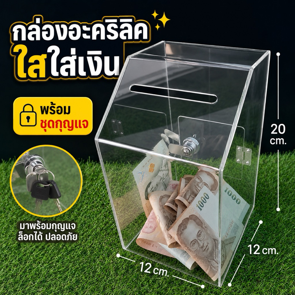 กล่องtip boxอะคริลิคใส กล่องใส่เงิน 20×12×12cm.