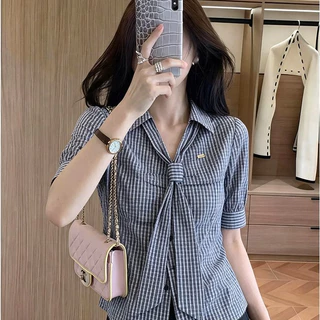 w734เสื้อเชิ้ตสตรีลายทางสีน้ำเงิน คอปก ผูกโบว์ มีสินค้าพร้อมส่งในประเทศไทย เหมาะใส่ฤดูร้อน มีไซซ์ใหญ่ สไตล์หวานน่ารัก