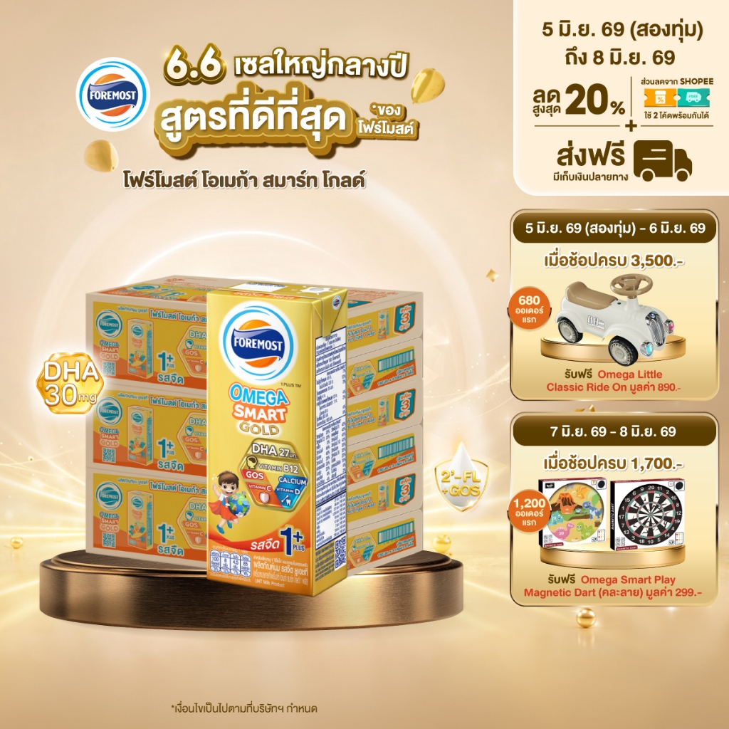 [ขายยกลังx3] โฟร์โมสต์ โอเมก้า สมาร์ท โกลด์ 1 พลัส รสจืด 180มล (24กล่อง/ลัง) Foremost Omega Smart Gold 1 Plus Plain180ml