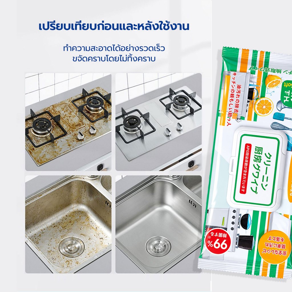 ทิชชู่เปียกทำความสะอาดครัว  กลิ่นหอมเลมอน ขจัดคราบในครัว 1ห่อ 80 แผ่นใหญ่D98