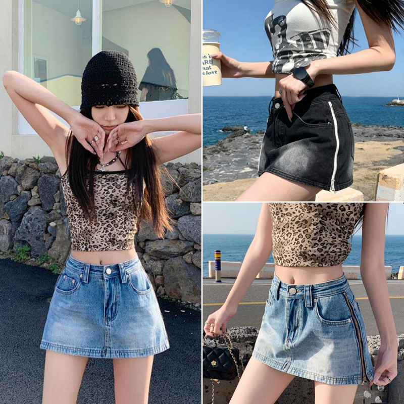 cherryshop พร้อมส่ง กระโปรงยีนส์เอวสูงซิปข้างสไตล์สาวฮอตเรโทร สไตล์สลิมสั้น เหมาะกับฤดูร้อน