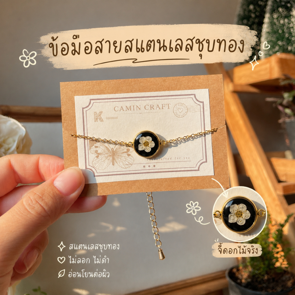 • CAMIN CRAFT •  สร้อยข้อมือเรซิ่นดอกไม้ สายสแตนเลสชุบทอง จี้ถาดสี