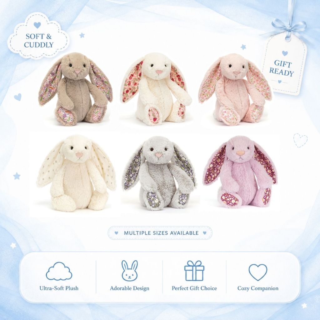 [ของแท้ 100%] ตุ๊กตา Jellycat Blossom Bunny - มอบการ์ดอวยพรและถุงของขวัญสีฟ้า - Free Gift jelly cat แท้