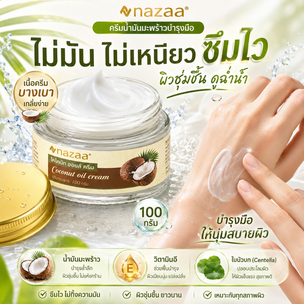 NAZAA Coconut Hand Cream ครีมบำรุงมือน้ำมันมะพร้าว ชุ่มชื้นล้ำลึก ไม่เหนียว ซึมไว ผสาน Vitamin E และใบบัวบก