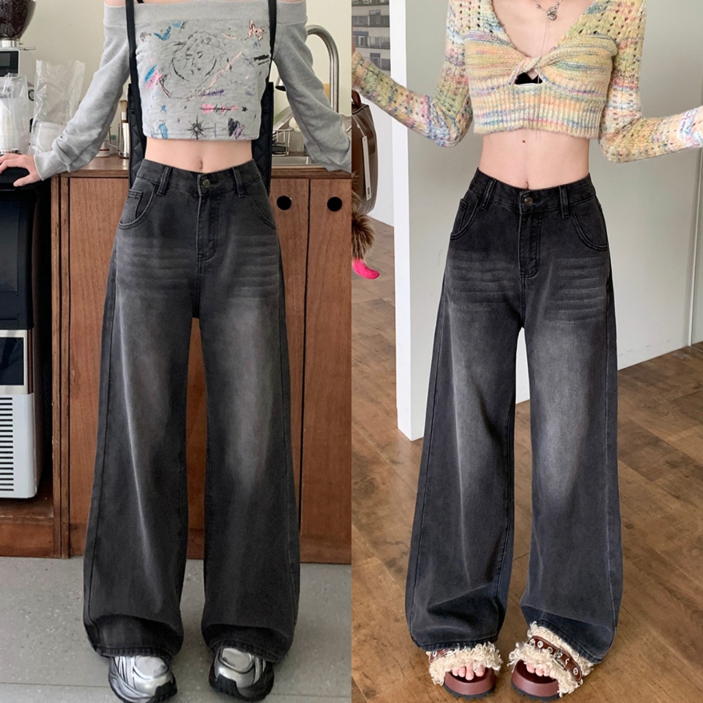 Beryl Shop กางเกงยีนส์ขากว้าง ทรงหลวมสไตล์เกาหลีย้อมอมยุท เอวสูง กางเกงขายาว jeans pants