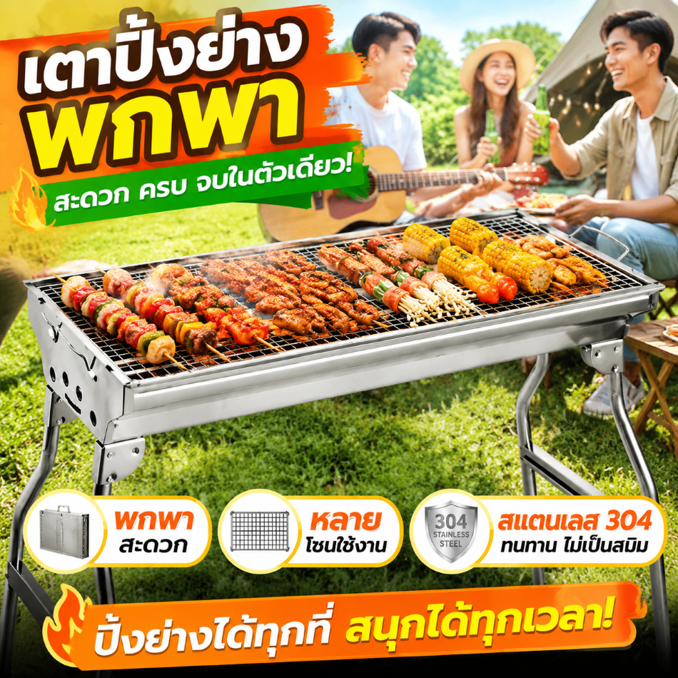 【รับประกัน10000ปี】เตาปิ้งย่าง สแตนเลส บาร์บีคิว พับเก็บได้ ย่างใช้ถ่าน อเนกประสงค์ มีที่จับ เป็นสแตนเลสเกรด 304Click