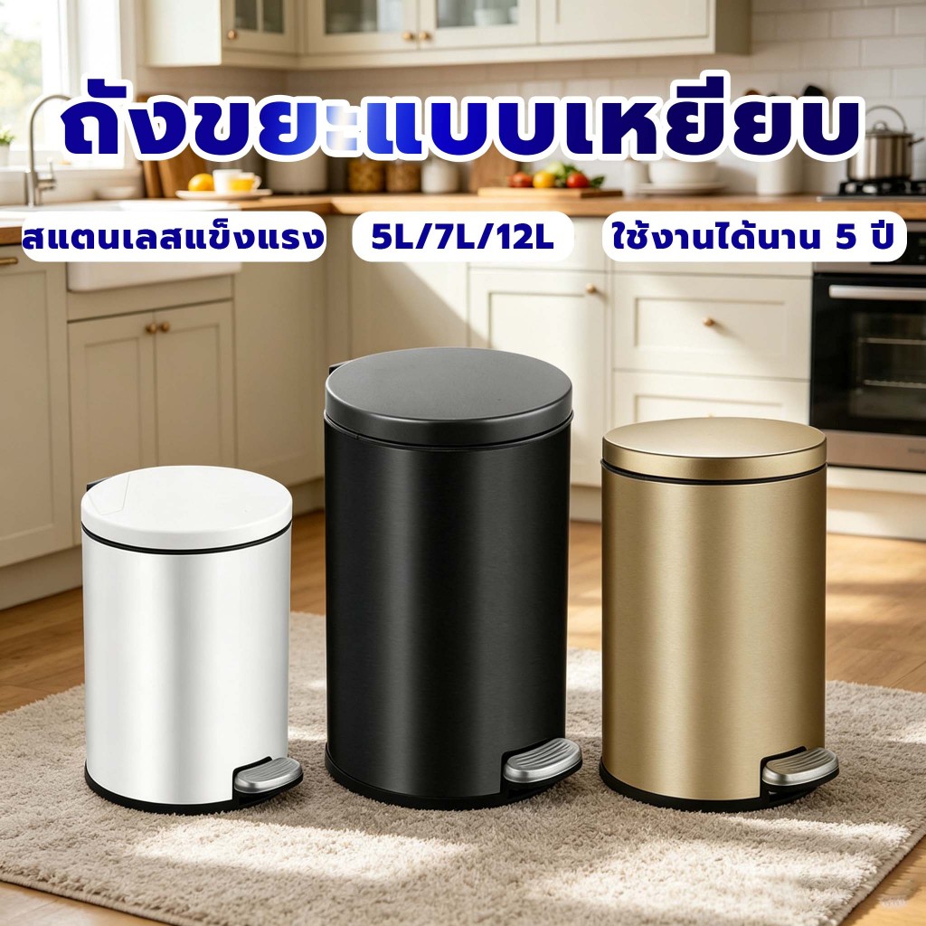 Better ถังขยะแบบเหยียบ 12 ลิตร ถังขยะมีฝาปิด สแตนเลส (ถังใน + ถังนอก) สีทอง สีดำ สำหรับห้องนอน ในห้องน้ำ