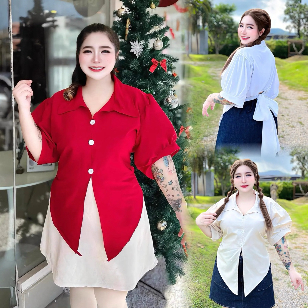 S64เสื้อครอปสั้นคอปกผูกโบว์เอวหลัง รอบอก38-52 หน้าผ้า52 ผ้าบาร์บี้ แฟชั้นสาวอวบแซ่บๆ