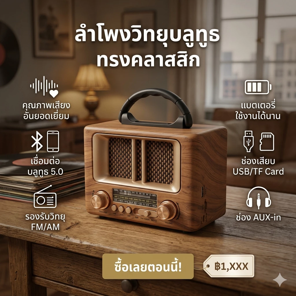 "สุดคุ้ม"วิทยุ-บลูธูท ทรงคราสสิก (MP-8108BT) ฟังFm Am Sw เชื่อมต่อ Bluetooth Mp3 Tf card พร้อมสายชาจ