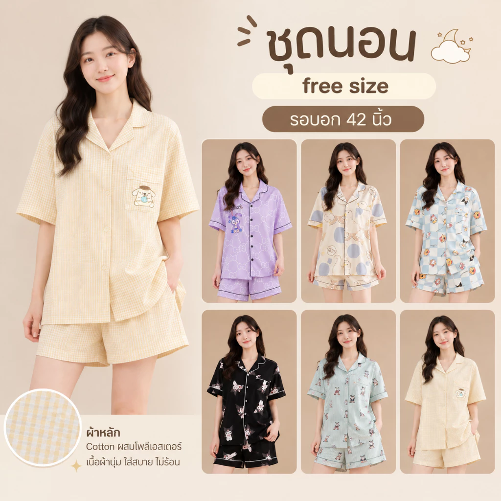 G555 ★ส่งจากไทย★ ชุดนอนผ้าคอตตอนผู้ใหญ่แขนสั้นขาสั้น ผ้าฝ้ายลายน่ารัก