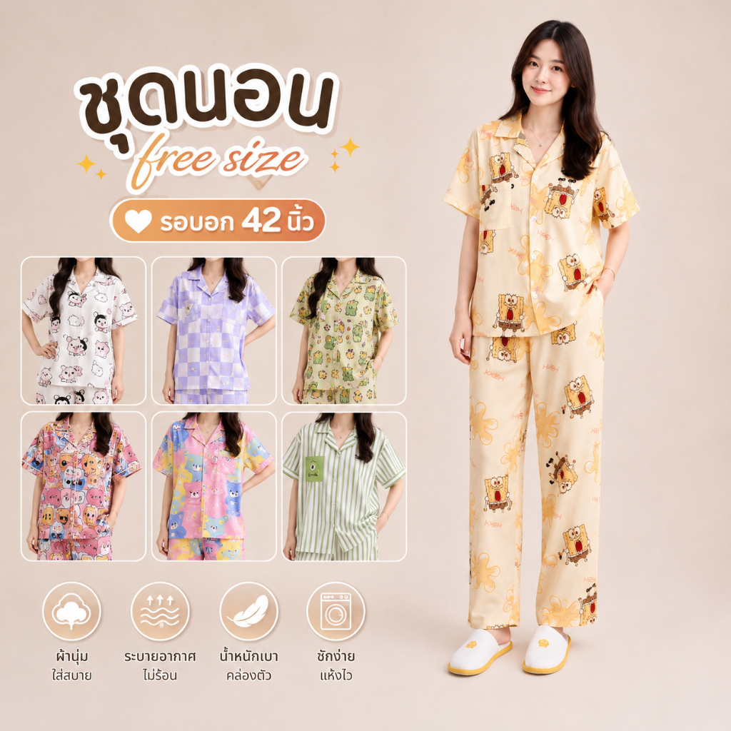 G333-1★ส่งจากไทย★ ชุดนอนผ้าคอตตอน ลายใหม่ ชุดนอนผู้ใหญ่แขนสั้น ขายาว ชุดนอนผ้าคอตตอน/ผ้าฝ้าย ชุดนอนลายน่ารัก