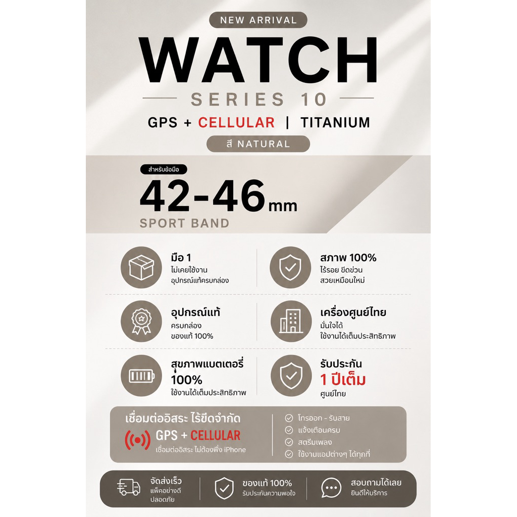 Watch s10 gps+cellular titanium สี natural สาย sport band 42-46mm มือ1 (ดูรูปภาพเพิ่มเติมได้ในรายละเอียดด้านล่าง)