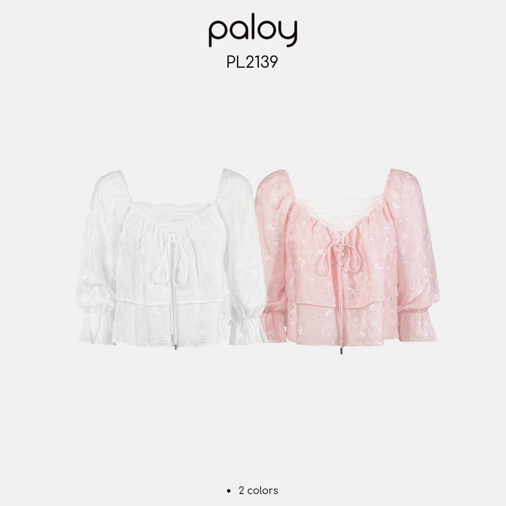 Paloy - PL3129 เสื้อแฟชั่นแขนยาวปักดอกไม้อกตัดคลื่นลูกไม้