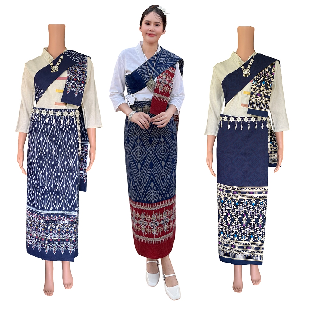 เซ็ทผ้าถุง+สไบ แบบติดตะขอ ผ้าฝ้ายพิมพ์ลาย สีกรมท่า