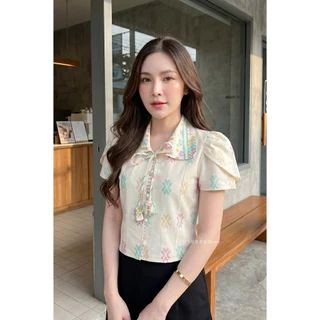 เสื้อผ้าฝ้ายคอบัวแต่งแขนกลีบบัวพิมพ์ลายไทย