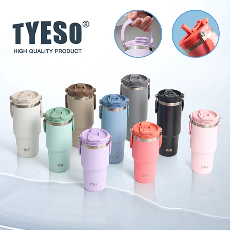 TYESO รุ่นใหม่ แก้วน้ำรุ่นหูหิ้ว 2 หัวดื่ม เก็บร้อน & เย็น 600ml-1200ml SUS304 9 สี พกพาง่าย ไม่รั่วซึม TS