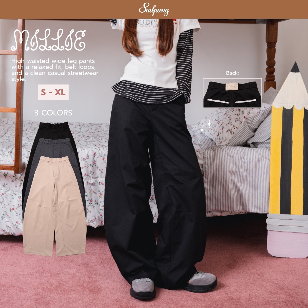 Millie_SP135 กางเกงบาเรลเอวสูง ผ้าดีใส่สบาย แต่งหูเข็มขัด ลูกไม้กระเป๋าหลัง สไตล์เกาหลี