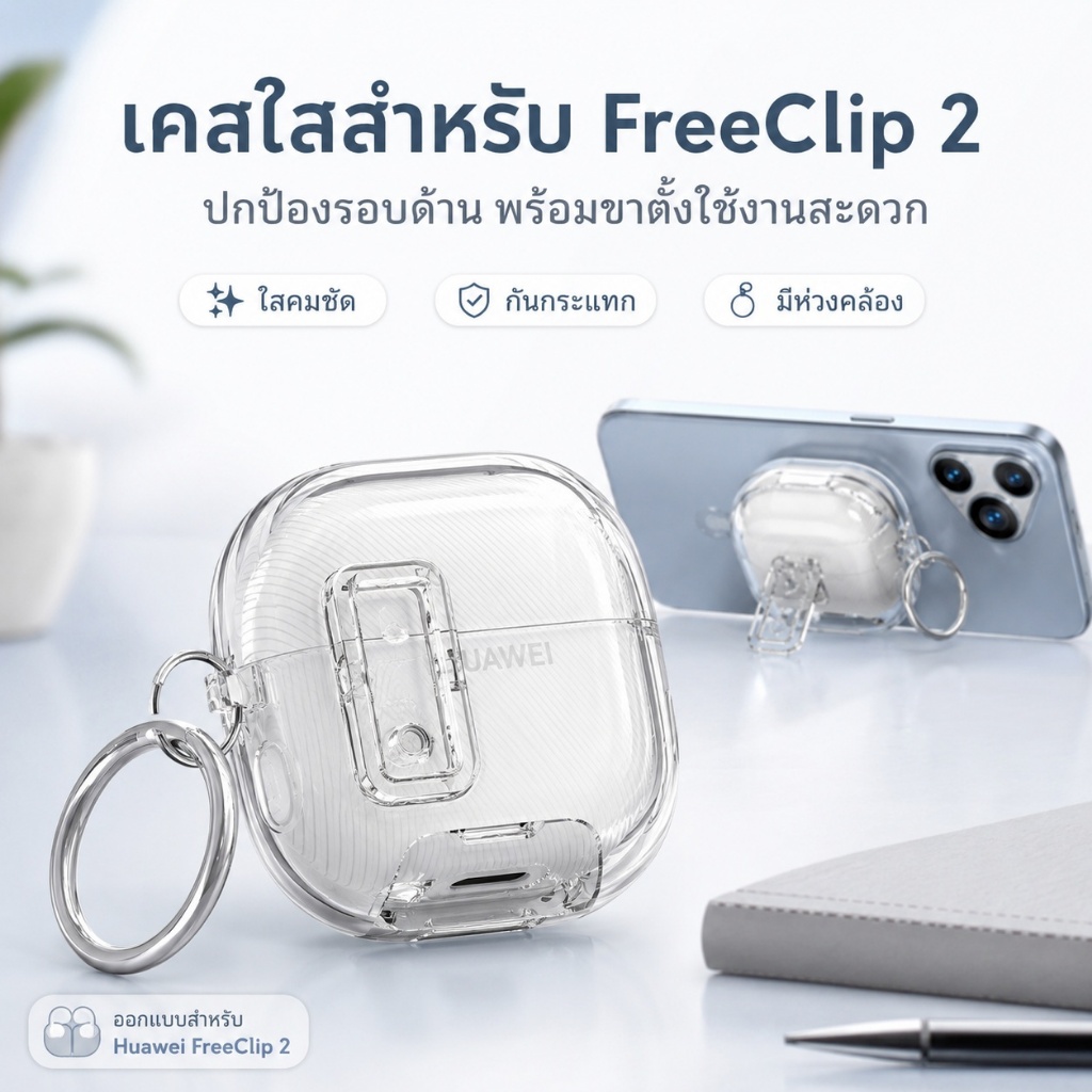 Auto Pop-Up โปร่งใส 2025 สําหรับ Huawei FreeClip 2/FreeClip หูฟังพร้อมพวงกุญแจกันกระแทก Protector Case พร้อมตะขอสําหรับ